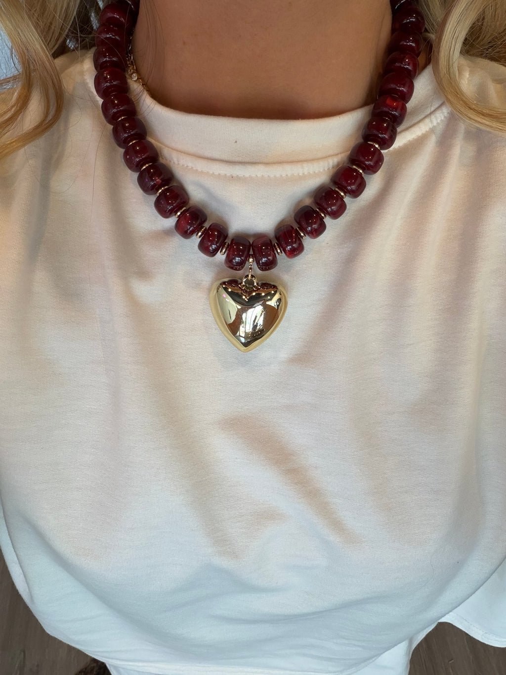 Maroon & Gold Heart Beaded Necklace
