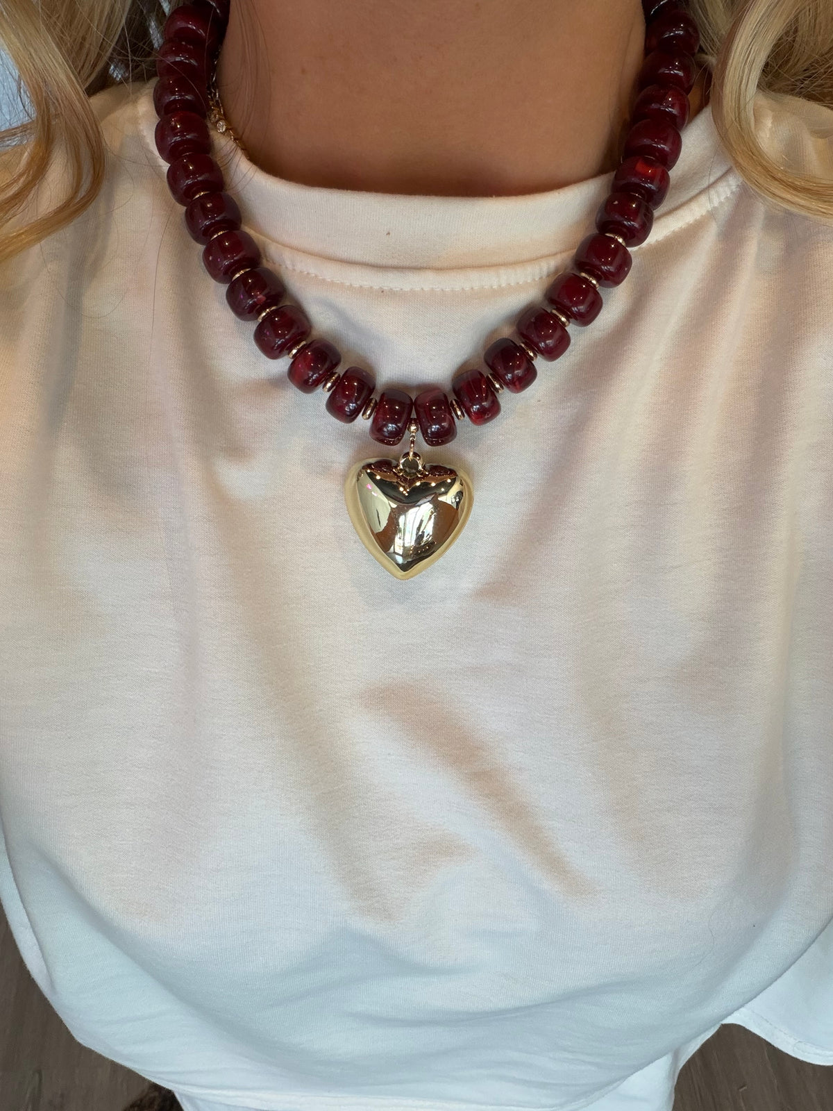 Maroon & Gold Heart Beaded Necklace