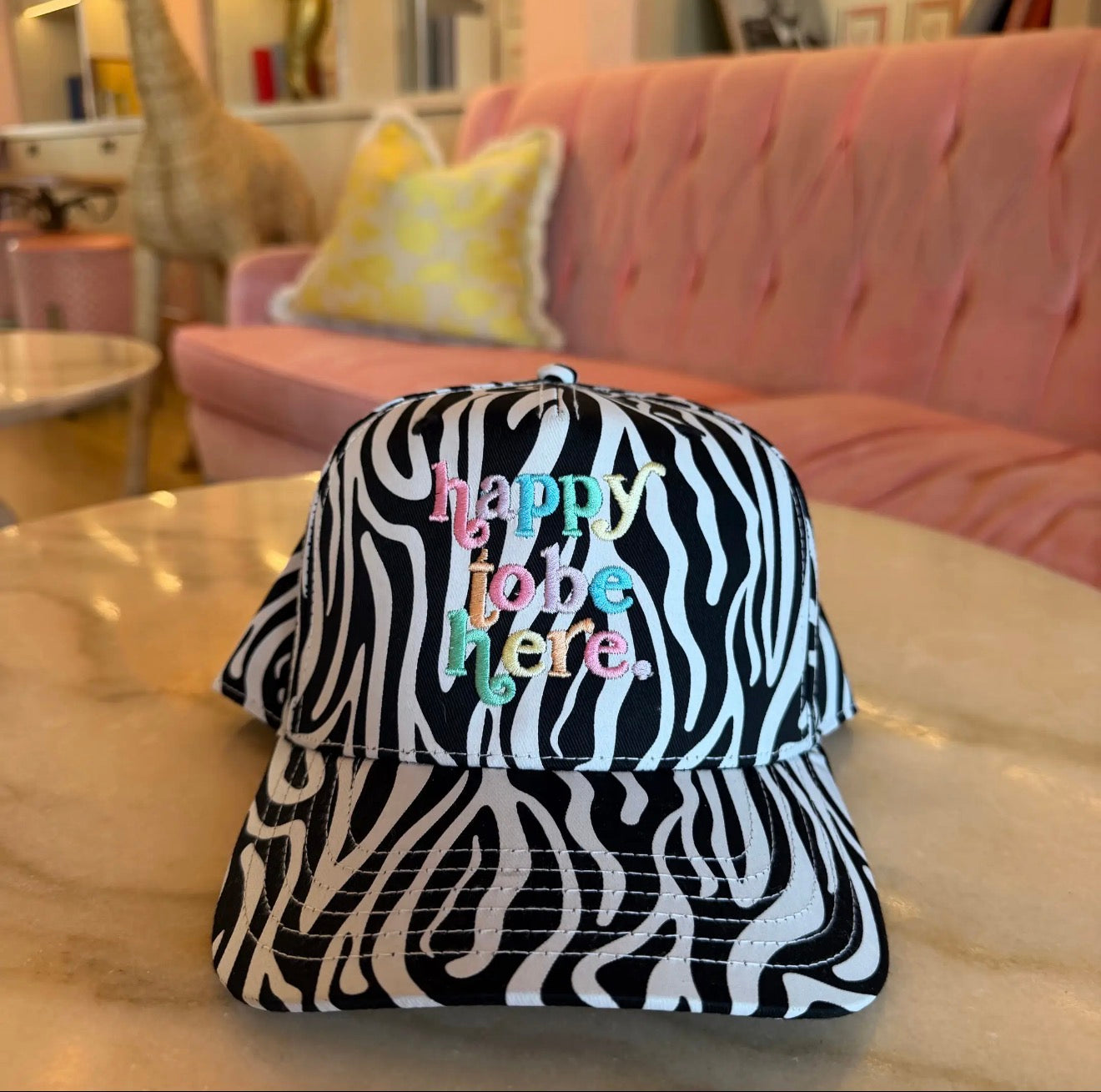 Happy To Be Here Zebra Trucker Hat
