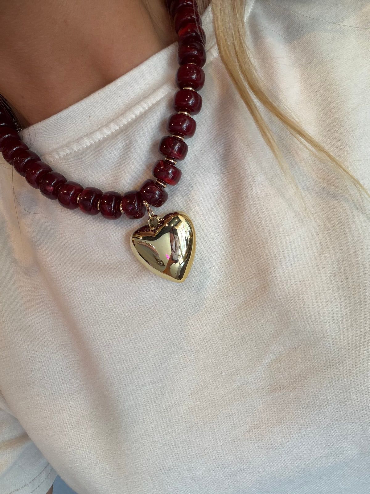 Maroon & Gold Heart Beaded Necklace