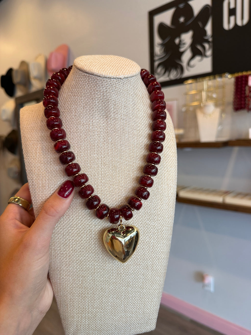 Maroon & Gold Heart Beaded Necklace