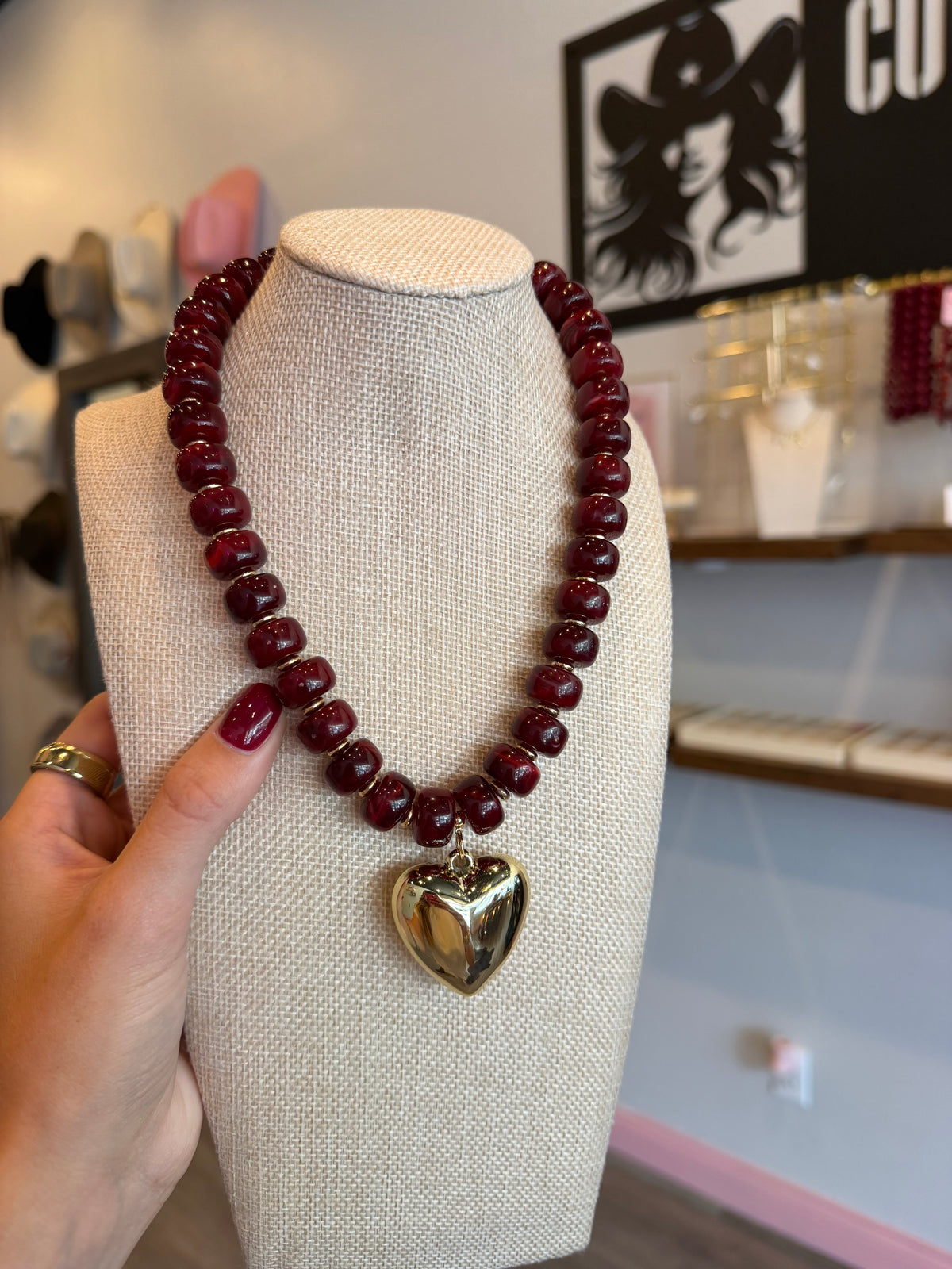 Maroon & Gold Heart Beaded Necklace
