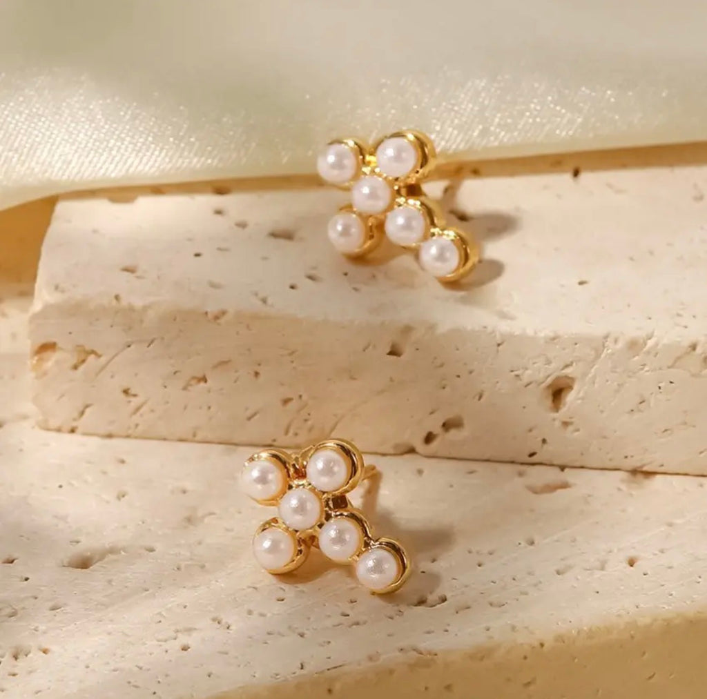 Pearl Cross Earrings Non-Tarnish