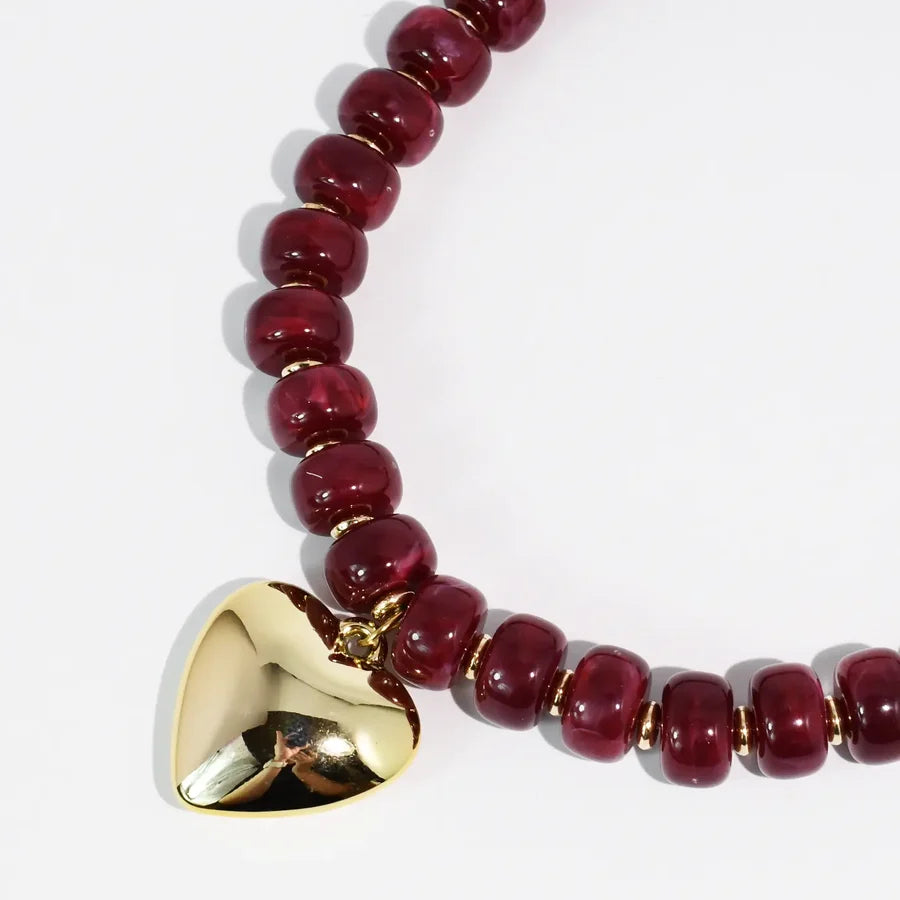 Maroon & Gold Heart Beaded Necklace