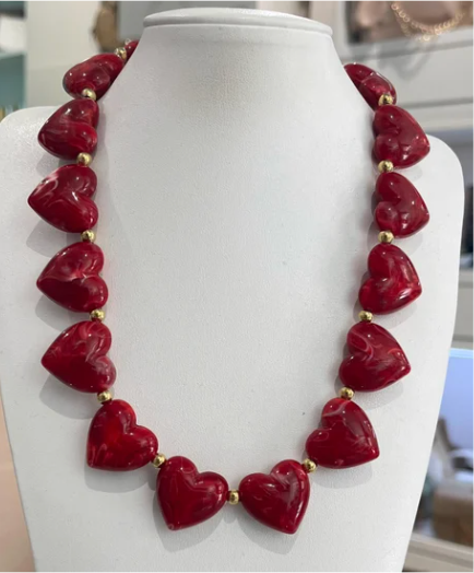 Maroon Heart Beaded Necklace